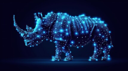  a rhinoceros standing in the middle of a dark background with stars all over it's body and it's head, all connected to the sides.