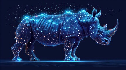  a rhinoceros standing in the middle of a night sky with stars and lines all over it's body and it's body, all connected to the sides.