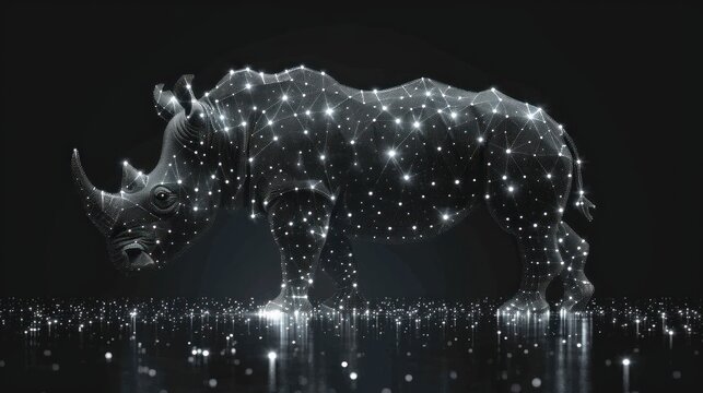  a rhinoceros standing in the middle of a black and white photo with a lot of stars all over it's body and it's neck and head.