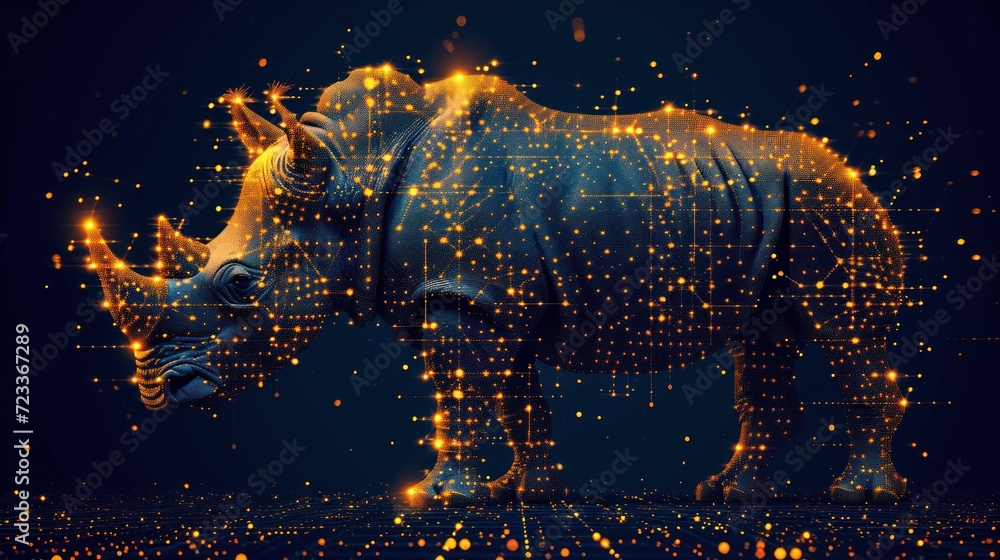 Poster a rhinoceros standing in front of a black background with gold dots in the shape of a number of line
