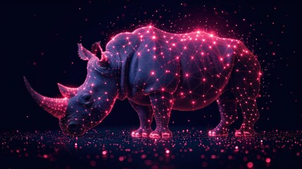  a rhinoceros standing in the middle of a black background with pink and red lights on it's body and a black background with pink and white dots.
