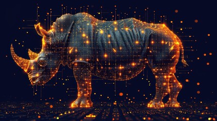  a rhinoceros standing in the middle of a dark background with a lot of dots in the shape of a map of the world in the shape of a rhinoceros.