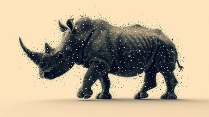  a rhinoceros standing in the snow with snow flakes on it's back and it's face to the right of the camera, with a beige background.