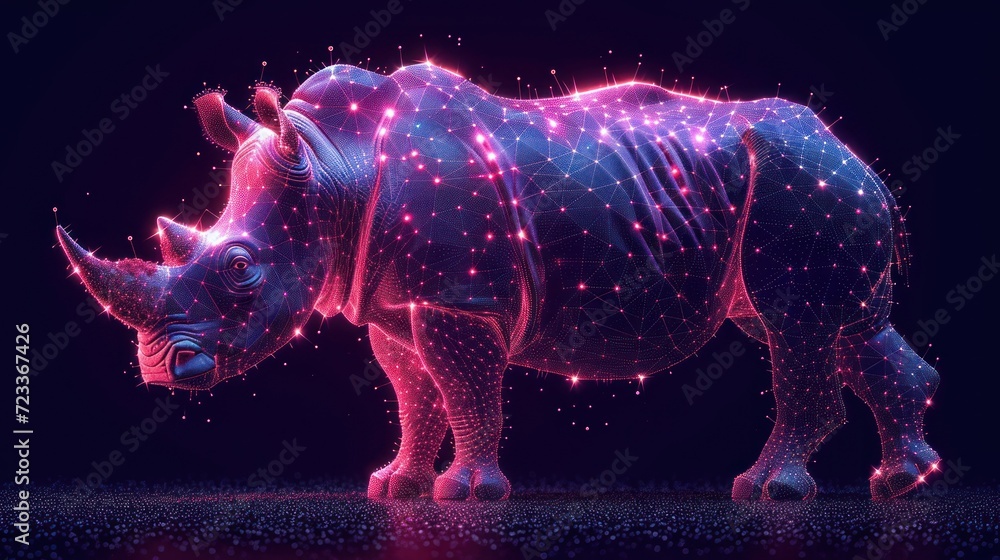 Poster a rhinoceros standing in front of a black background with a lot of stars in the shape of a map of th