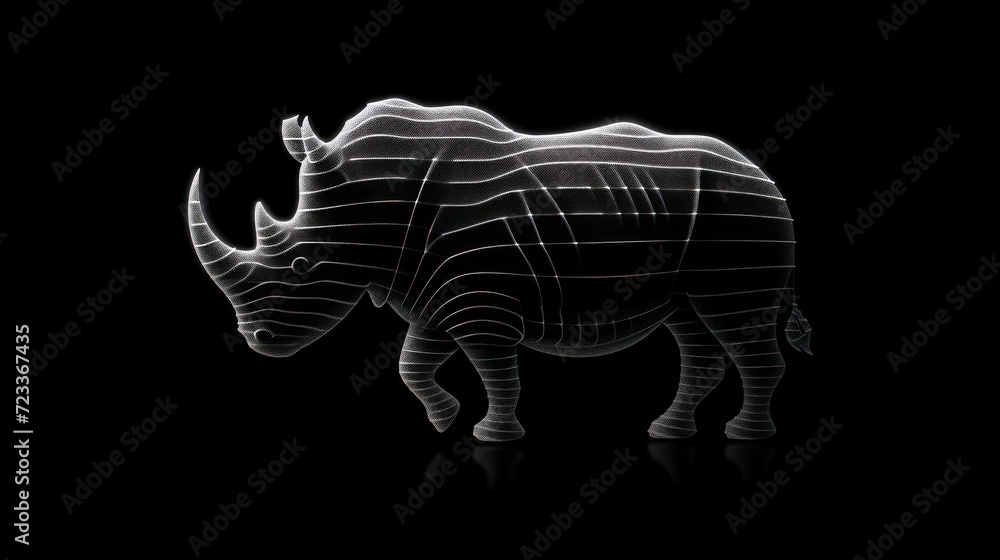 Poster a rhinoceros standing in the dark with a pattern on it's back and a white rhinoceros standing in the