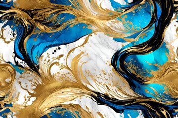 A High-Definition Journey through the Opulent Fusion of Luxurious Gold-Ink Abstraction, Marbled Elegance, and Modern Oceanic Glitter Patterns in a Palette of Black, Blue, White, Red, Yellow, and Pink,