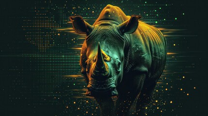 a rhinoceros standing in front of a black background with yellow and green spots on it's face and a black background with yellow dots around the rhinoceros.