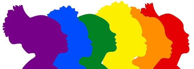 Lgbt. Inclusão. Diversidade. Ilustração LGBT de rostos celebração da diversidade LGBTQIAPN+. Vermelho, Laranja, Amarelo, Verde, Azul, Roxo. Parada Gay. Parada LGBT+ - obrazy, fototapety, plakaty