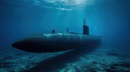 Naval submarine submerge deep underwater near to ocean floor - obrazy, fototapety, plakaty