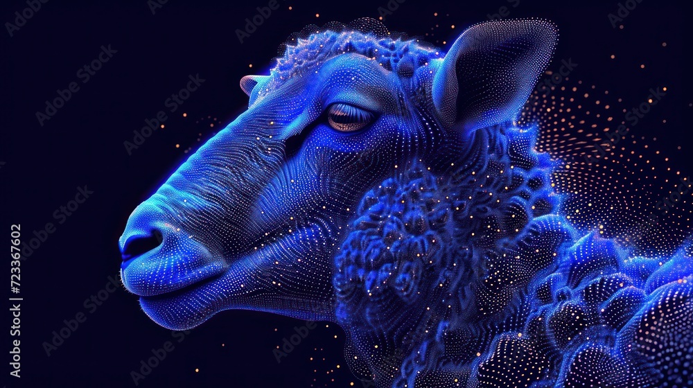 Poster a close up of a sheep's head with a lot of dots on it's face and it's head turned to look like it's 