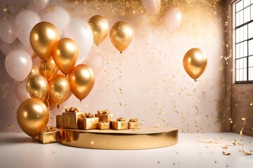 Fototapeta na wymiar A Glorious Podium Birthday Balloon Gift, Adorned with a Lustrous Gold Background, Showcasing a Product of Festive Elegance on a Golden Stand Platform, Evoking the Essence of Victory and Triumph. The 3