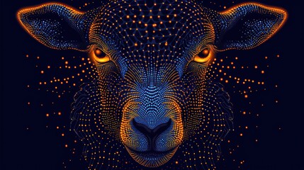  a close up of a sheep's face with a lot of dots on it's face and it's eyes glowing in the dark, with a blue background.