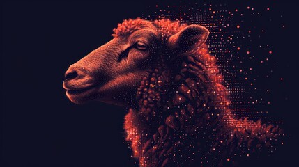  a close up of a sheep's head on a black background with a pattern of dots in the shape of a sheep's head on the left side of the sheep's head. - obrazy, fototapety, plakaty