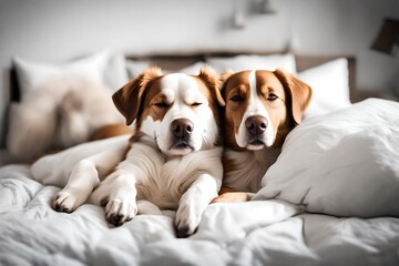 dog sleeping together in white bed at home 