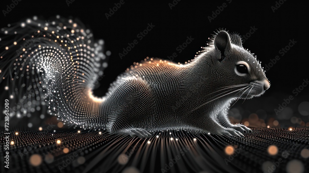 Poster a black and white photo of a squirrel on a black background with a pattern of circles and dots in th