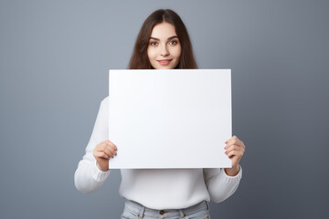 Fototapeta premium Junge Frau hält ein leeres weißes Schild vor sich, Plakat mit Textfreiraum für Werbung und Botschaften