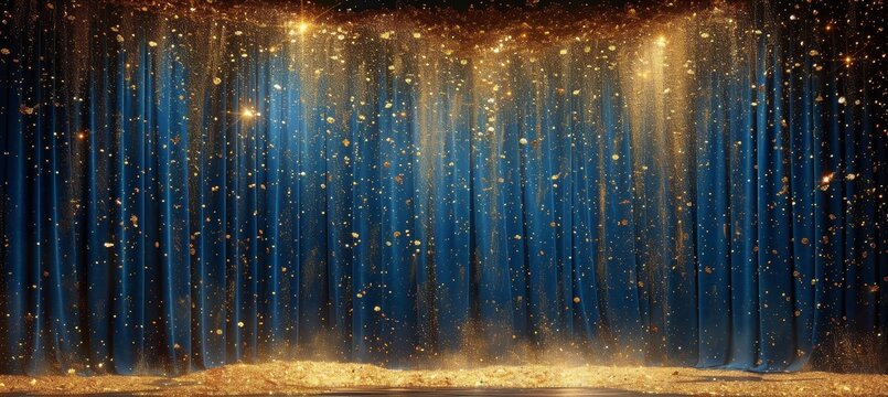 A sparkling blue curtain hangs in front of a glowing fountain, reflecting the night sky with its golden glitter and hinting at a dreamy and enchanting atmosphere © Larisa AI