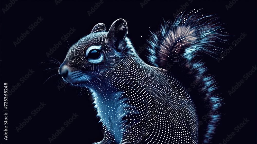 Poster a close up of a squirrel's face on a black background with a blue and white pattern on the back of t