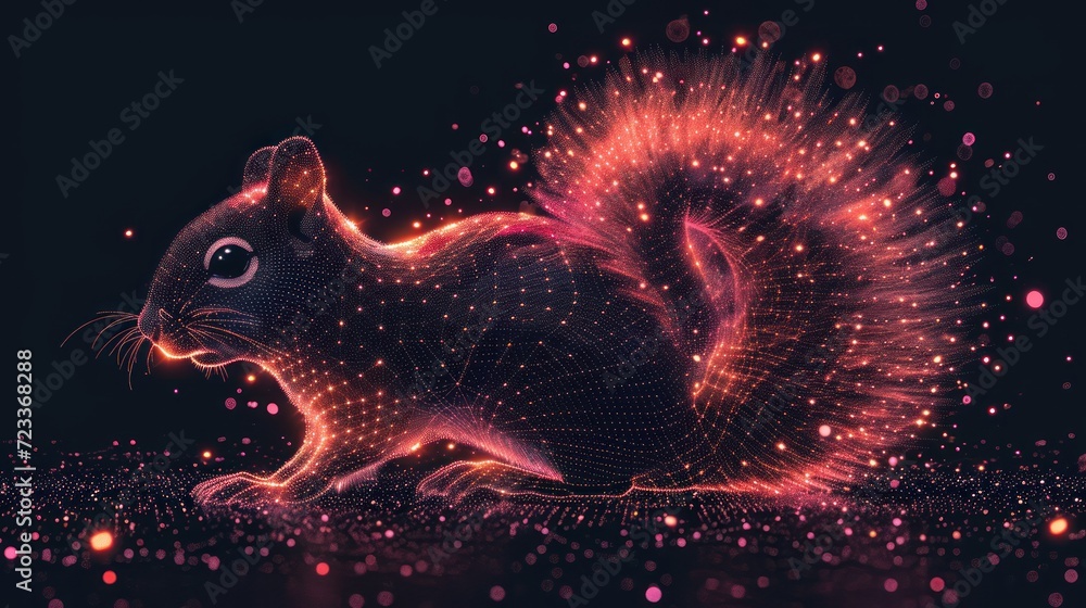 Poster  a computer generated image of a squirrel on a black background with red and pink lights and a black background with a red and pink lightening squirrel on it's tail.