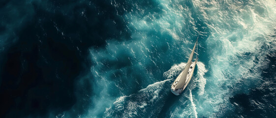 Aerial view of a yacht cutting through azure waters, symbolizing freedom and luxury
