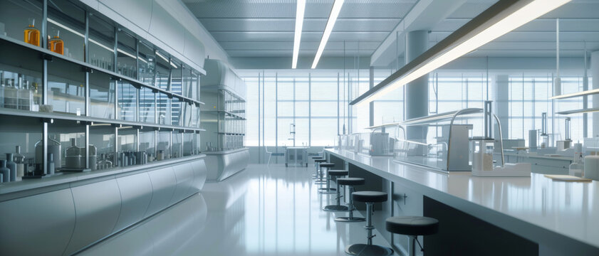 A pristine, well-lit laboratory with modern equipment and a panoramic view through floor-to-ceiling windows