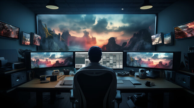 Videoeditor an seinem Schnittplatz mit vielen Monitoren, Schnitt und VFX nach einem Filmdreh