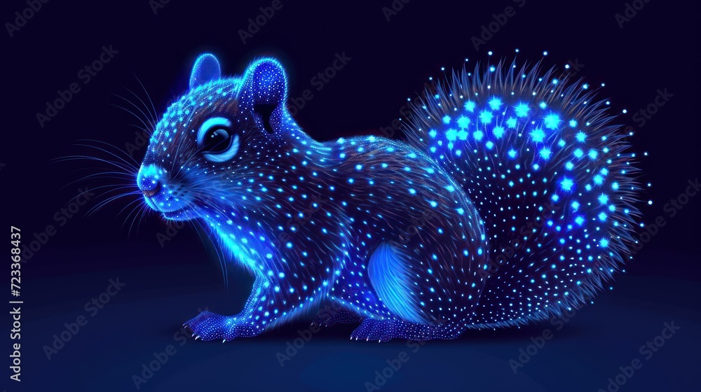 Poster  a 3d rendering of a squirrel with blue lights on it's body and a tail, sitting on a dark surface, with a blue background that has a pattern of stars in the shape of the shape of the shape of a.