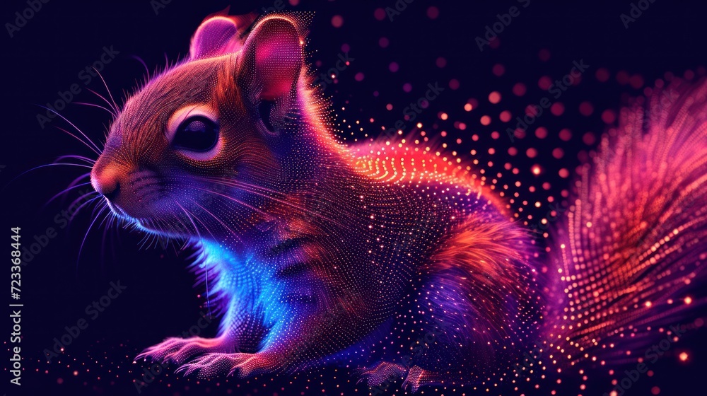 Poster a close up of a squirrel on a black background with a pattern of dots and lines on the back of it's 