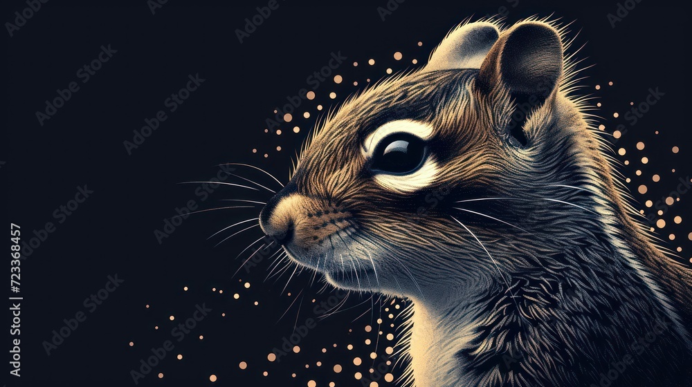 Poster a close up of a cat's face on a black background with small dots of light coming from the top of the