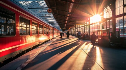 Perspective view of a platform in Lucerne Central Railway Station with sunlight cast on trains parking by the platform & passengers hurrying for boarding~A beautiful corner in Lucern Railroad Terminal