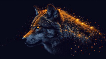  a close up of a wolf's face on a black background with yellow and orange lights coming out of the wolf's eyes and the wolf's head.