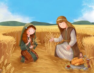 Boaz and Ruth, Bible story illustration. - 723368614