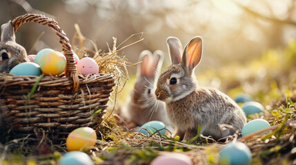 Fototapeta na wymiar Enchanting Easter Hunt: Bunnies and Decorated Eggs in a Natural Wonderland