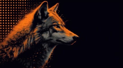  a close up of a wolf's head on a black background with orange and black dots in the center of the image and the wolf's head is looking to the left.