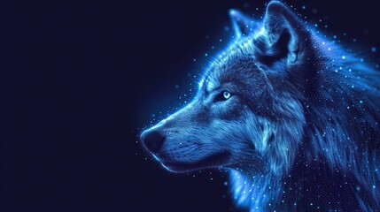  a close up of a wolf's face on a dark background with stars and snow flakes on the fur and in the foreground is a blue glow of the wolf's head.