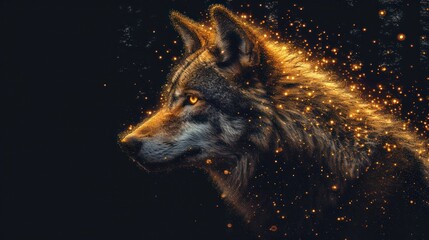  a close up of a wolf's face on a black background with gold flecks of light coming out of it's eyes and on the side of the wolf's head.