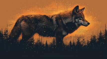  a painting of a wolf standing in front of a sunset with trees in the foreground and a background of orange and yellow dots in the middle of the image.