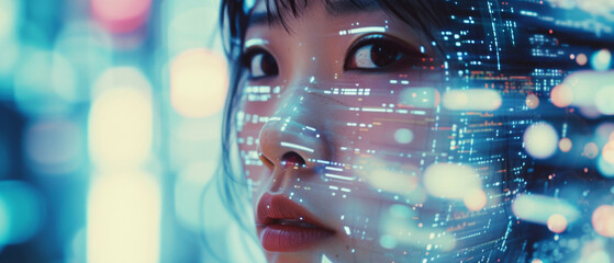 Digital portrait of a woman with cyberpunk aesthetics, immersed in virtual light patterns
