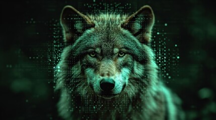 a close up of a wolf's face in front of a background of green and black dots and dots with a blurry image of a wolf's head in the foreground.