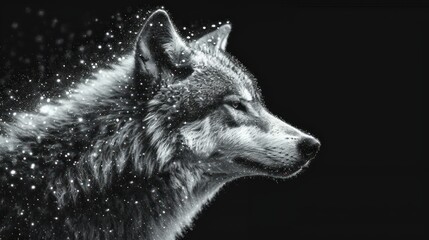  a black and white photo of a wolf's head with snow flakes all over it's fur and the head of the wolf's head is facing away from the camera.