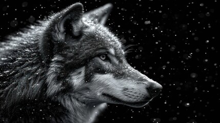  a black and white photo of a wolf with snow flakes on it's fur and a black background with snow flakes all over the top of the wolf's head.