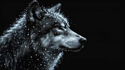 a black and white photo of a wolf's head with snow flakes all over it's fur and the wolf's head is looking to the left.