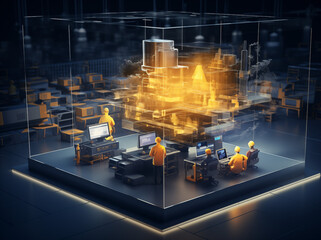 Mann arbeitet mit Laptop in der Fabrik, smart Factory, virtueller und erweiterter Realität, VR Brille