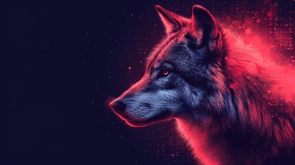  a close up of a wolf's head on a black background with red and blue light coming from the side of the wolf's head and the wolf's head.