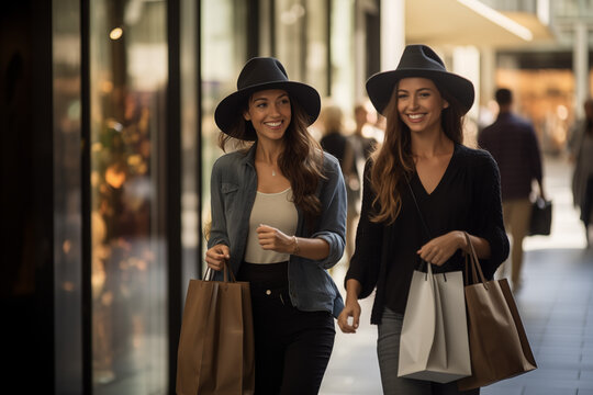 Zwei h&uuml;bsche lachende Frauen in der Stradt beim Shoppen, Lifestyle und Mode Einkaufen mit Einkaufstaschen