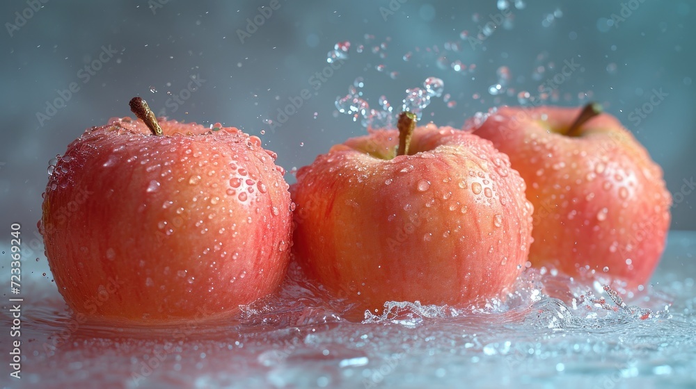 Poster  a group of three apples sitting on top of a table with water splashing out of the top of the apples and on the bottom of the apples are three apples.