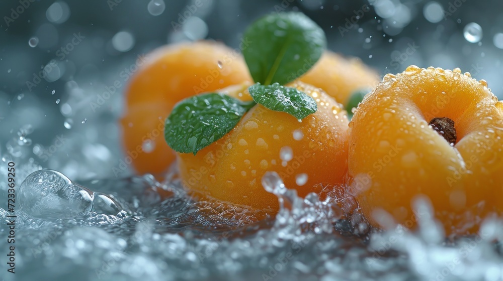 Poster a group of oranges sitting on top of a table with water splashing around them and a green leaf on to