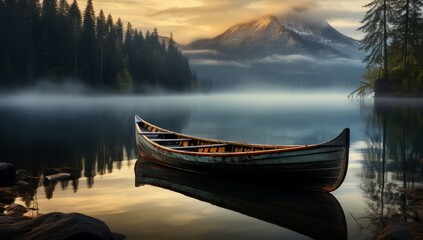 a wooden boat with fog on a lake