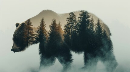the essence of wildlife conservation, with the silhouette of a bear filled with a dense, misty forest scene representing the animal's habitat - obrazy, fototapety, plakaty