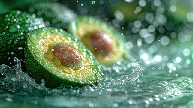  a close up of an avocado with water splashing on it and a drop of water coming out of the top of the avocadowhite.
